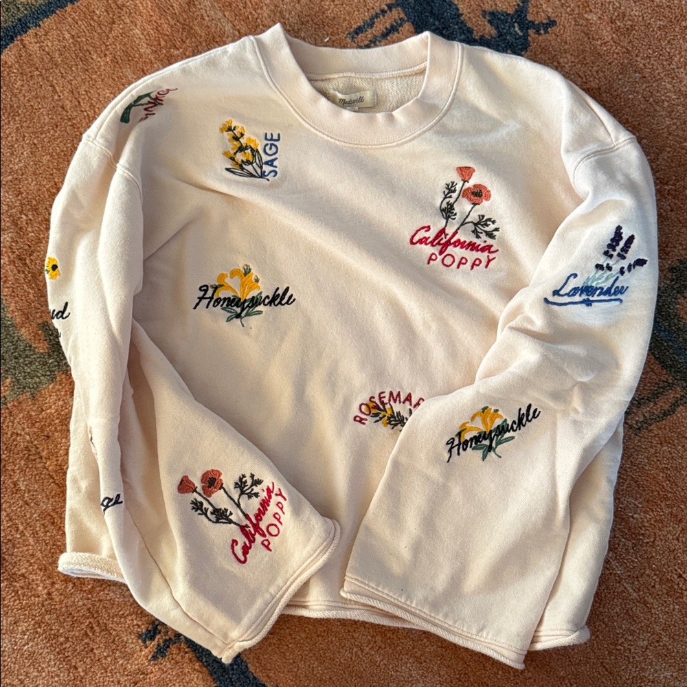 Madewell Botanical Embroidered Bell Sleeve Sweatshirt Cream size XS